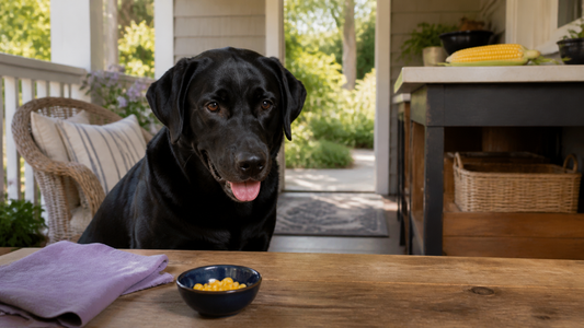Black Labrador beside a small bowl of plain cooked corn kernels