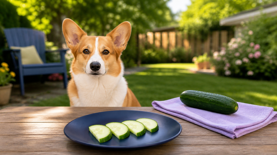 Pembroke Welsh Corgi behind a navy plate with four fresh cucumber slices