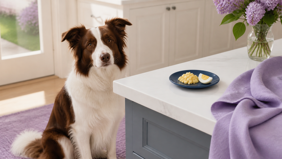 Border Collie beside tiny portions of plain cooked scrambled and hard-boiled egg