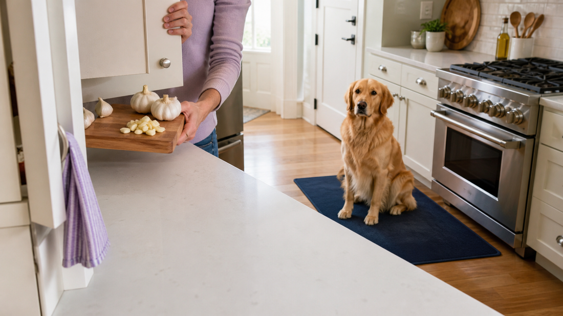 Golden Retriever waiting on a navy mat while an owner stores garlic safely out of reach in an American kitchen