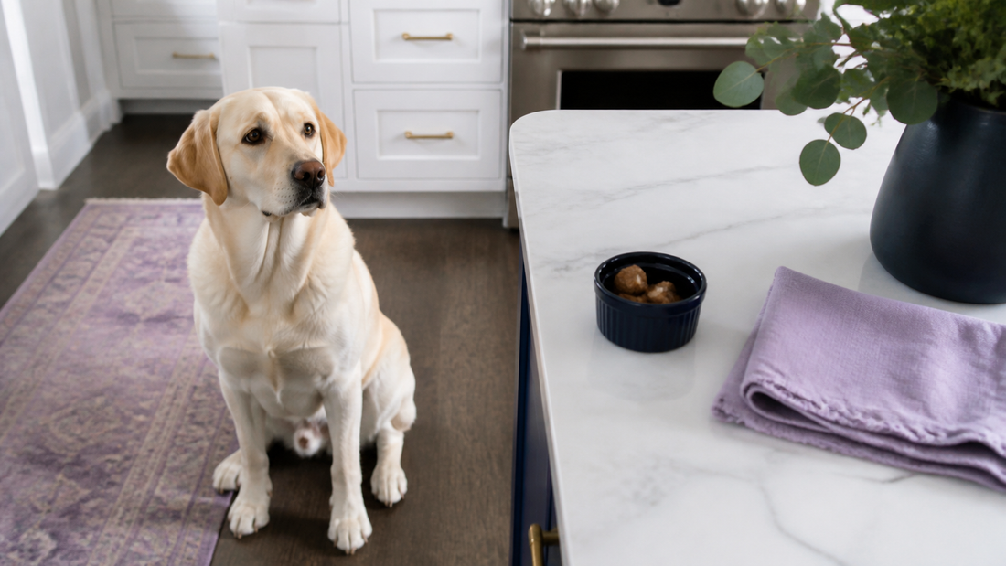Cream Labrador beside a navy ramekin with three cooked liver pieces