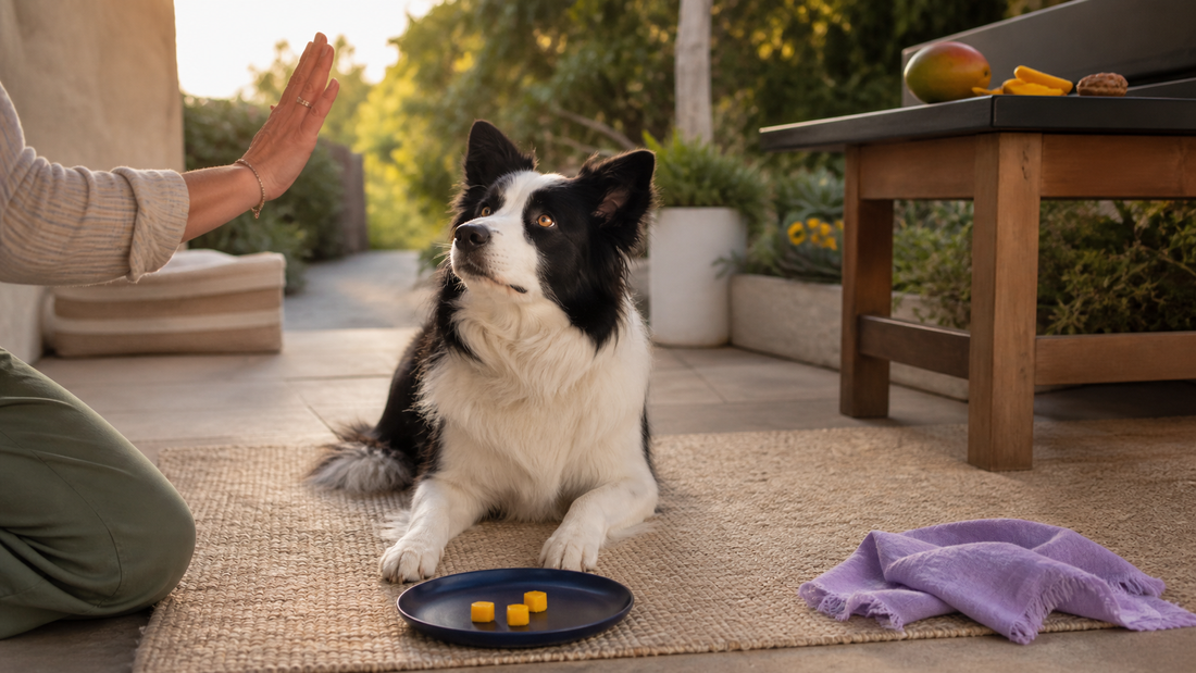 Border Collie waiting beside a navy plate with three small peeled mango cubes
