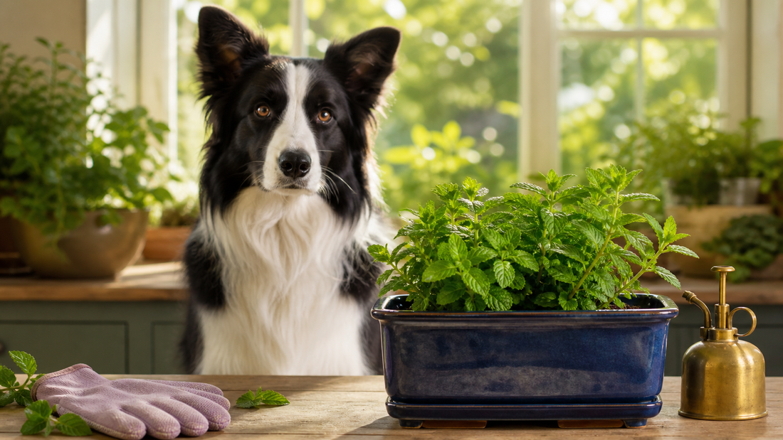 Border Collie behind a raised navy planter filled with culinary mint