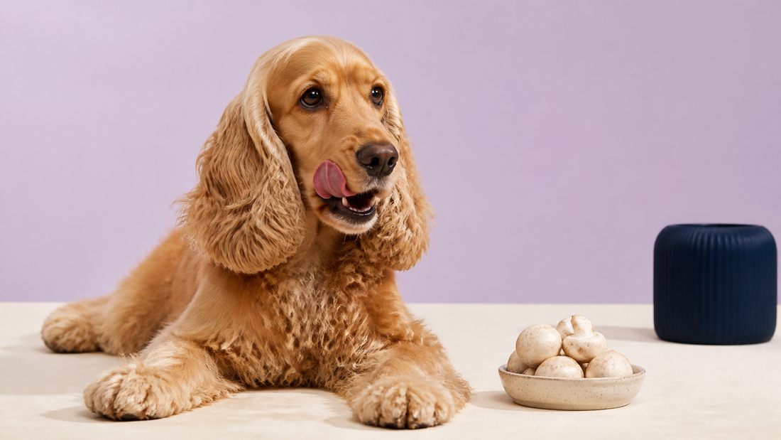 Golden cocker spaniel beside a bowl of store-bought mushrooms
