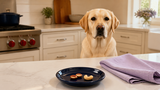 Labrador behind a navy plate with two shelled peanuts and one plain cashew
