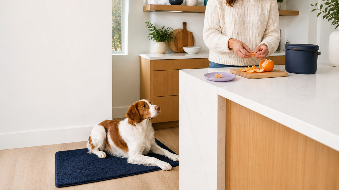 Brittany spaniel waiting while an owner prepares one tiny peeled and seedless orange segment