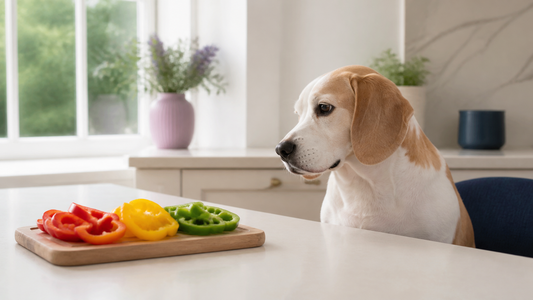 Beagle beside sliced red, yellow and green bell peppers