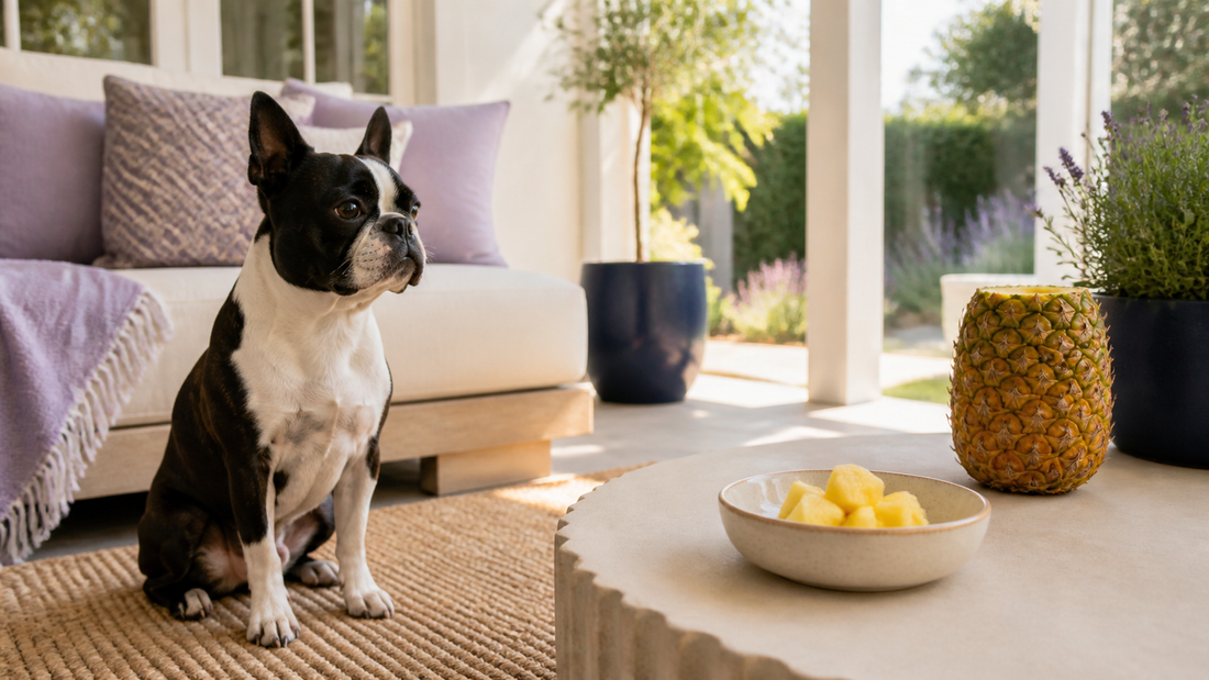 Boston terrier beside a bowl of fresh pineapple chunks