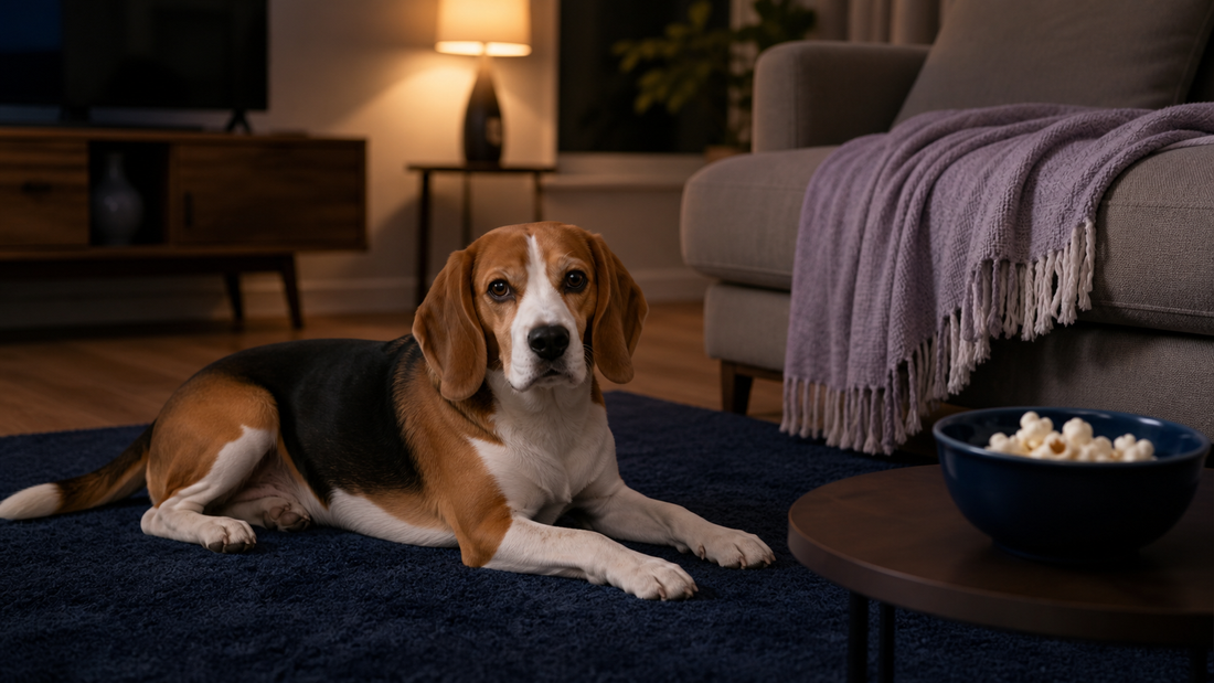 Beagle beside a small bowl of plain air-popped popcorn