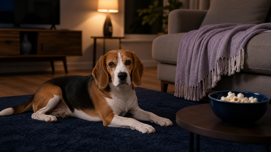 Beagle beside a small bowl of plain air-popped popcorn
