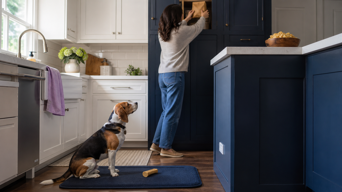 Tricolor Beagle watching potato chips moved into a high navy kitchen cabinet