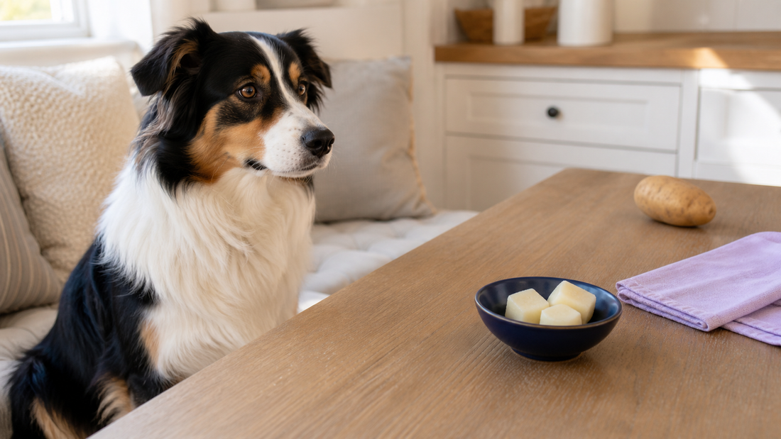 Australian Shepherd beside a navy bowl with three plain cooked potato pieces