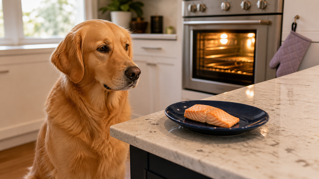 Golden retriever beside plain cooked boneless salmon