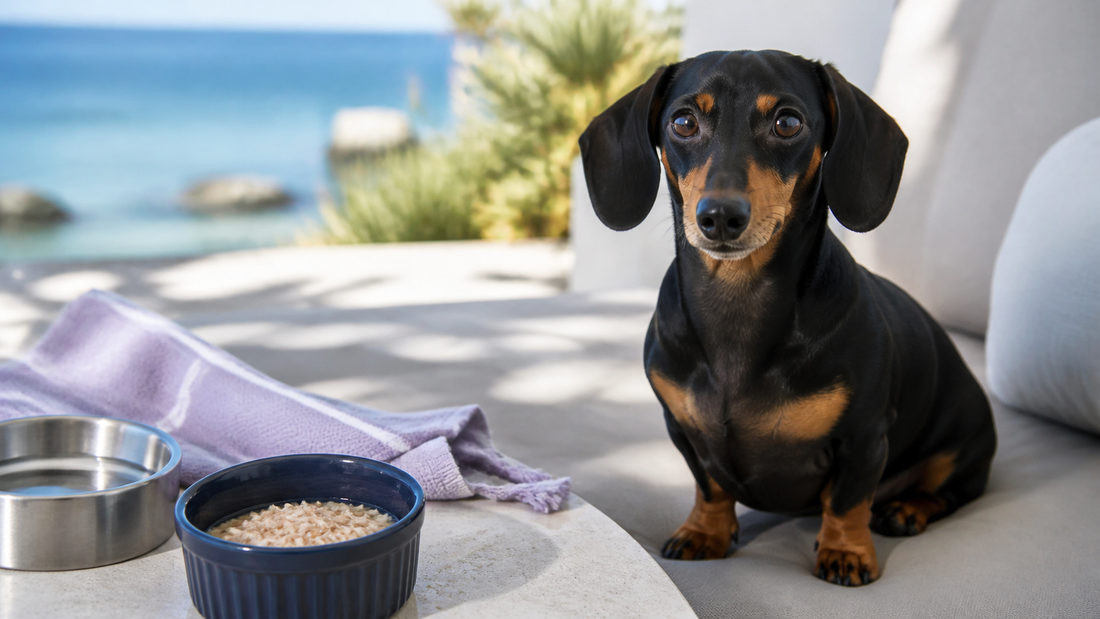 Dachshund beside a small bowl of cooked flaked sardines in water