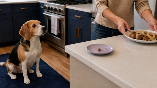 Beagle waiting on a navy mat beside a pea-sized plain sausage bite while onion sausage is moved away