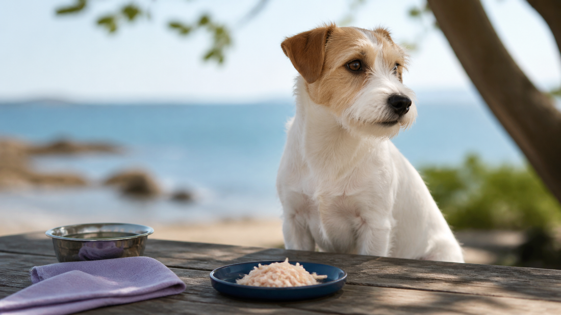 Small terrier beside a modest plate of plain flaked tuna