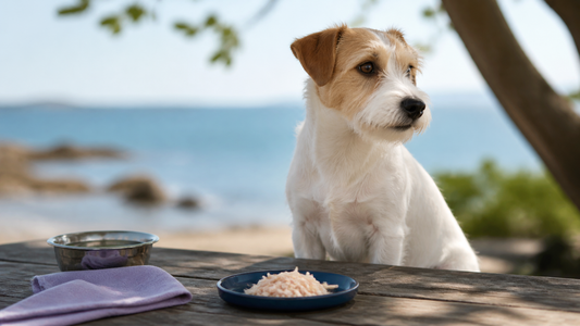 Small terrier beside a modest plate of plain flaked tuna