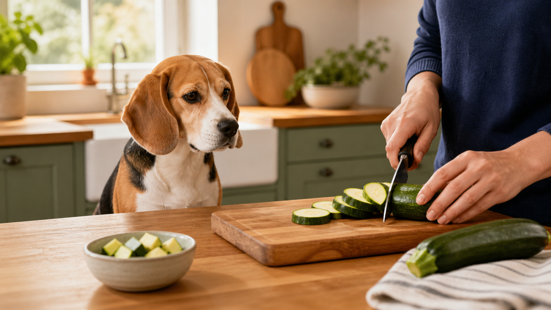 Beagle watching an owner slice fresh zucchini beside a small bowl of plain bite-size pieces