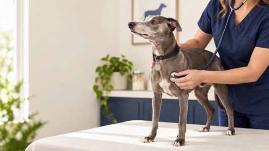 Senior Whippet receiving a gentle veterinary examination in a bright American clinic