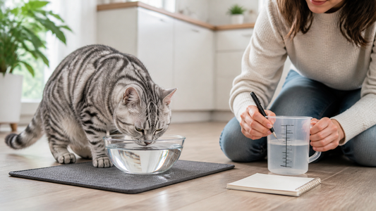 Owner measuring water while a silver tabby drinks from a clear bowl