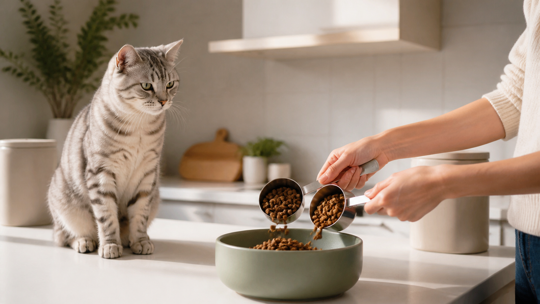 Silver tabby watching an owner mix current and new kibble with two measuring cups