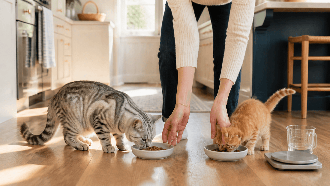 Adult silver tabby and ginger kitten eating measured meals from separate bowls