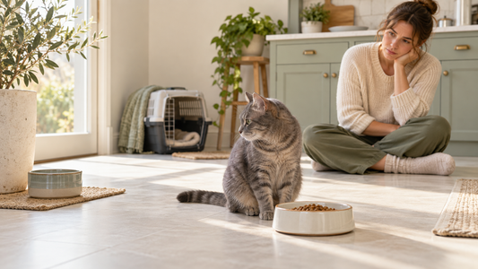 Concerned owner observing a tabby cat beside an untouched bowl of wet food