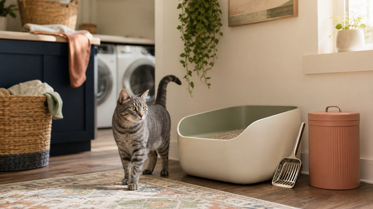 Healthy gray tabby leaving a clean litter box in a bright home