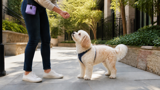 Cream and apricot Cavachon practicing calm focus with an owner in an American townhouse courtyard