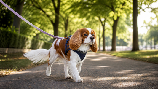 Blenheim Cavalier King Charles Spaniel walking in a navy harness on a lilac leash