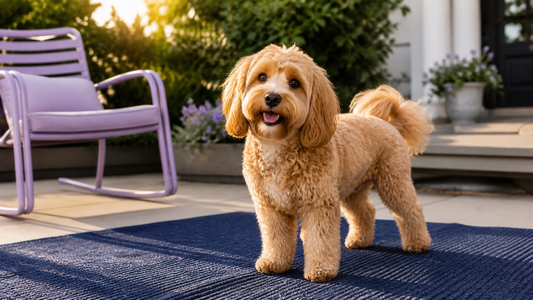 Apricot Cavapoo standing on a navy outdoor rug in a sunny courtyard