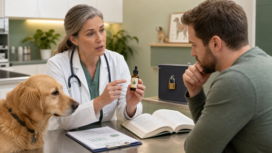 Veterinarian explaining CBD evidence and cannabis safety to a dog owner beside a locked container