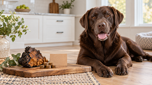 Adult chocolate Labrador beside Chaga a few plain dog supplement chews and a blank ingredient card