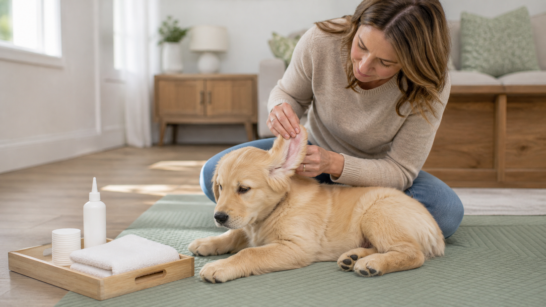 Owner gently checking a relaxed puppy's outer ear before cleaning