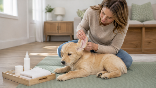 Owner gently checking a relaxed puppy's outer ear before cleaning