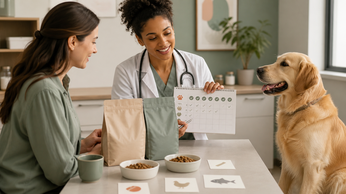 Dog owner and veterinarian reviewing a controlled chicken allergy elimination diet