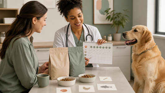 Dog owner and veterinarian reviewing a controlled chicken allergy elimination diet