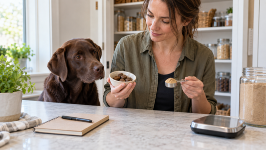 Owner comparing dog mushroom chew and powder formats beside an adult Chocolate Labrador