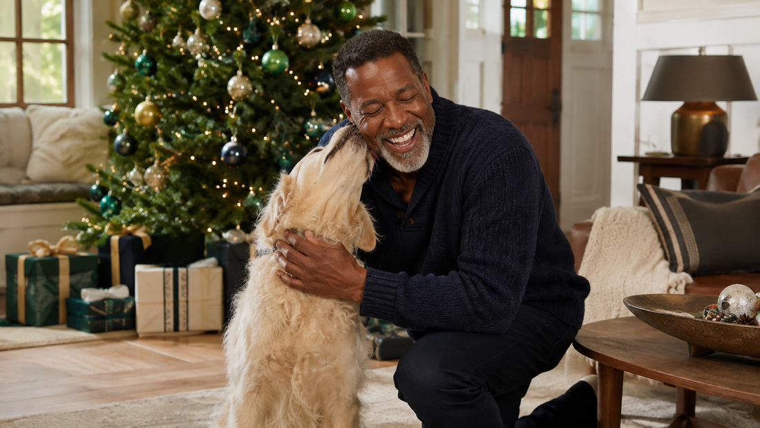 Dog owner laughing as his golden retriever greets him beside a Christmas tree