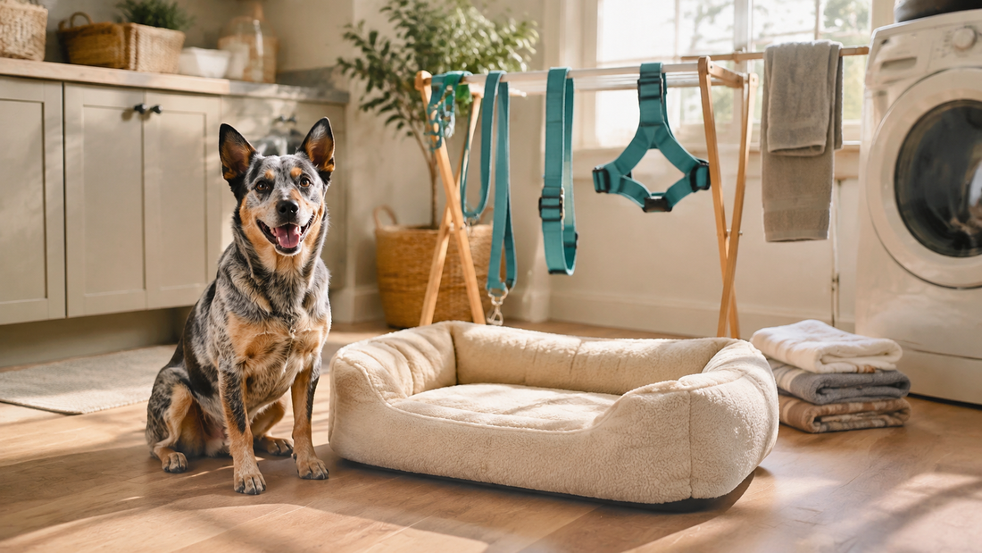 Australian cattle dog beside a clean bed with washed walking gear drying