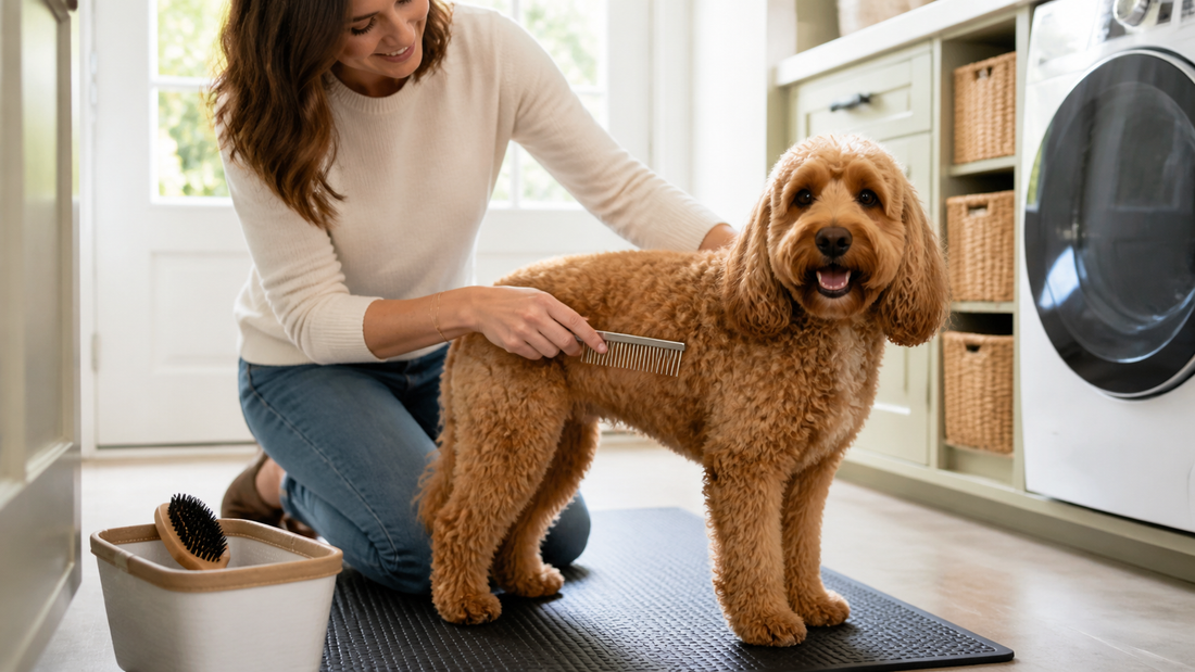 Owner gently combing a wavy-coated Cockapoo on a grooming mat in a bright American laundry room