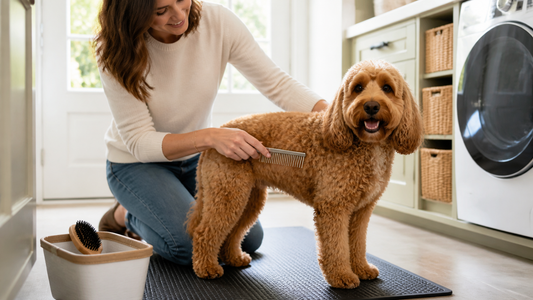 Owner gently combing a wavy-coated Cockapoo on a grooming mat in a bright American laundry room