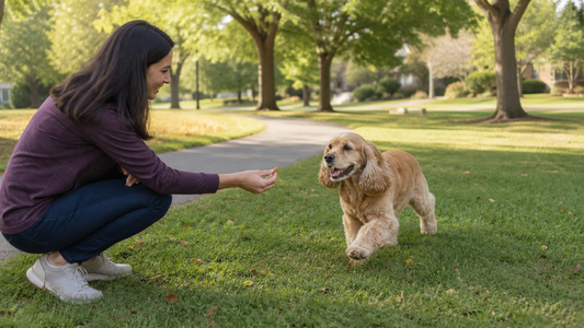 Owner rewarding an American Cocker Spaniel for a cheerful recall in a leafy suburban park