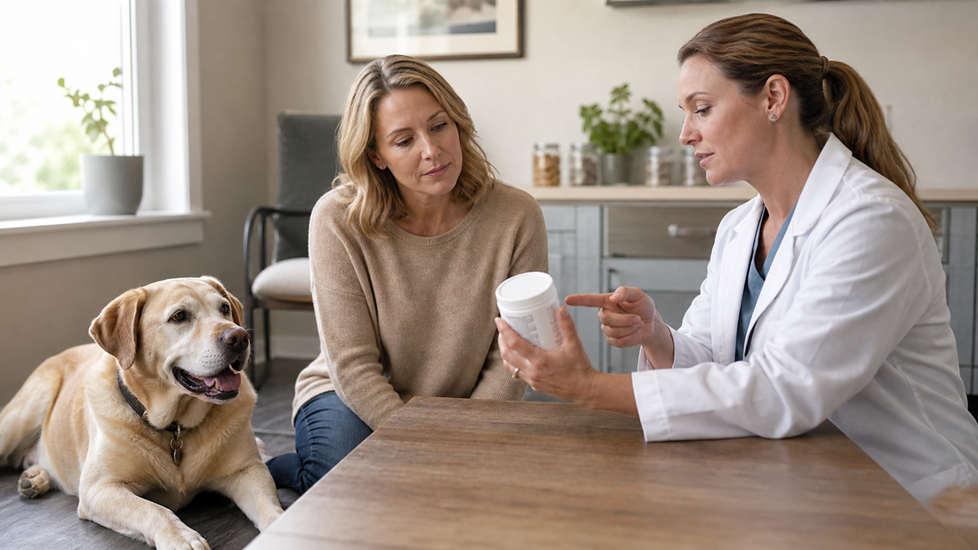 Veterinarian and owner reviewing an unbranded canine collagen supplement beside a relaxed senior dog