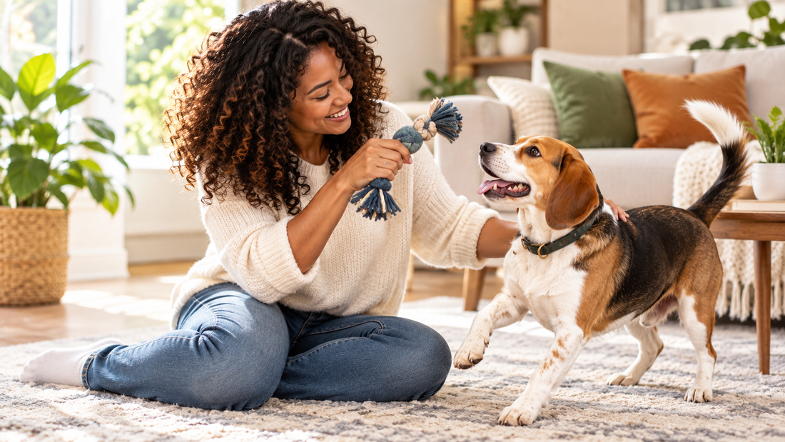 Dog owner calmly redirecting a dog's unwanted habit with reward-based training at home
