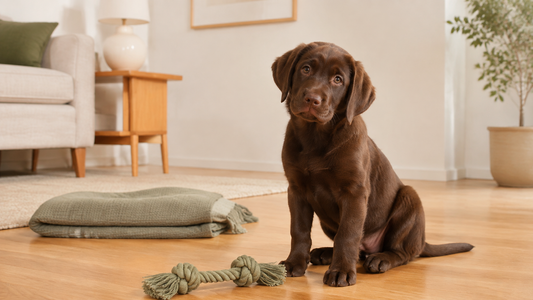Chocolate Labrador puppy sitting beside a safe rope toy in a bright living room