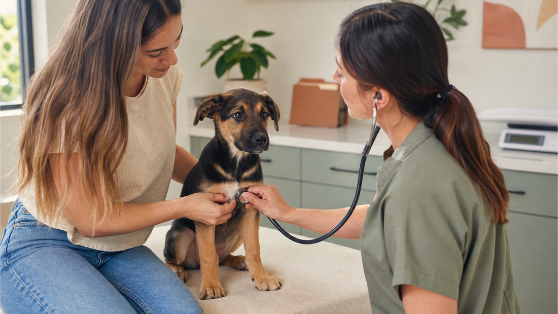 Veterinarian listening to an alert puppy's chest during a wellness examination