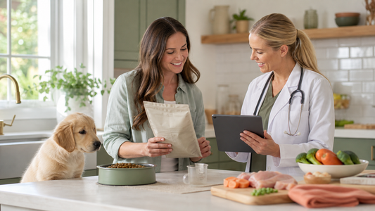 Owner and veterinarian reviewing complete and balanced growth food for a healthy puppy