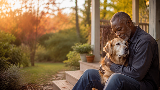 Older man gently embracing his senior golden retriever on a porch at sunset