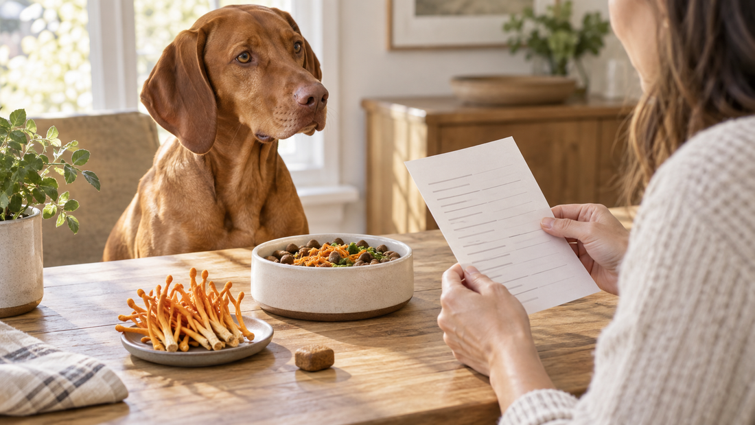 Adult Vizsla beside Cordyceps mushrooms a measured dog meal and an ingredient checklist